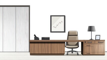Fototapeta premium Modern office interior featuring a stylish desk, ergonomic chair, and minimalist decor
