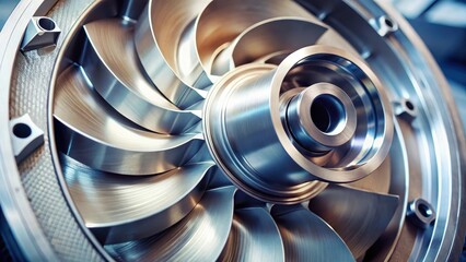 Close-up of a centrifugal pump impeller with fluid flow lines and blades, industrial processes, fluid power