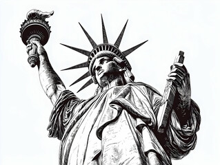 Obraz premium Iconic Statue Illustration: Majestic Figure Holds Torch and Tablet, Symbolizing Freedom and Enlightenment