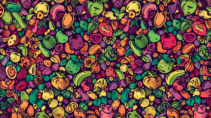 Colorful pattern of various fruits and vegetables arranged vibrantly, showcasing freshness and diversity