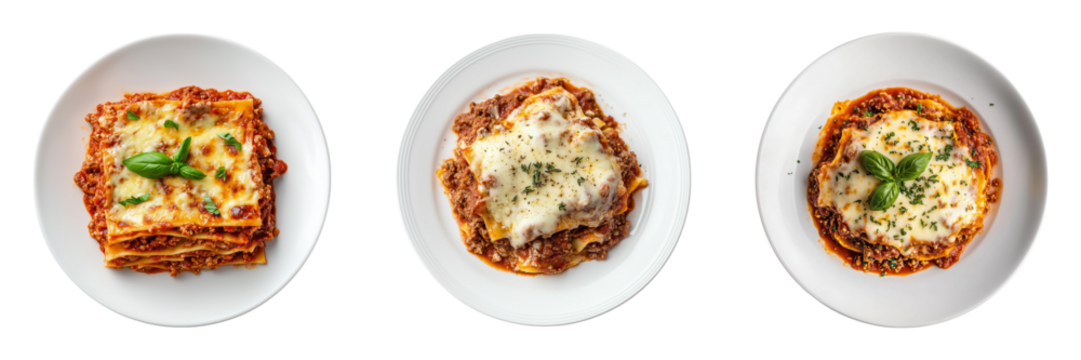 Set of authentic italian lasagna with meat sauce and melted cheese, isolated on transparent background, cut out