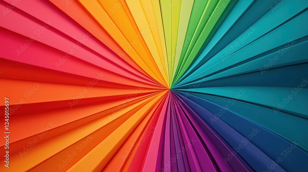 Poster a vibrant display of colorful paper arranged in a radiating pattern, showcasing a spectrum from red 