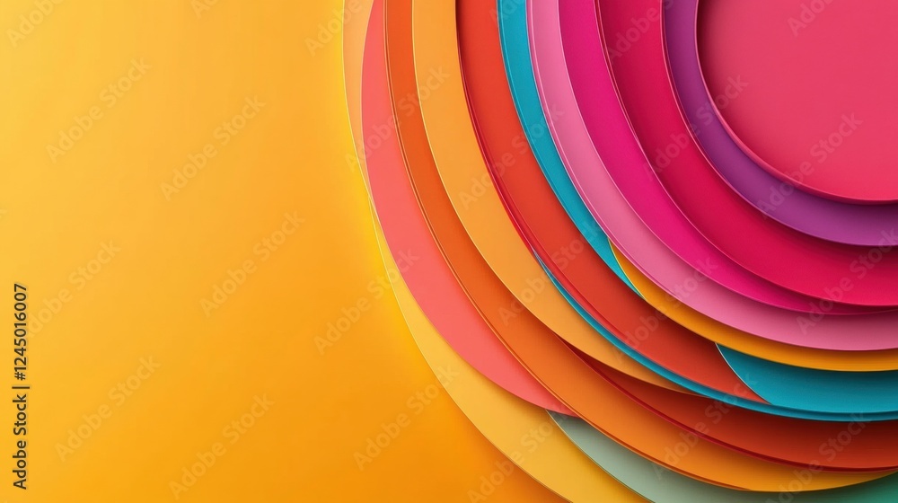 Aufkleber a vibrant display of layered, circular paper in bold colors against a warm yellow background, creati