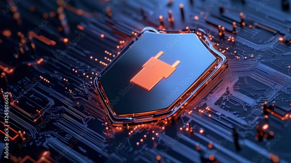 Poster digital shield on circuit board representing cybersecurity protection