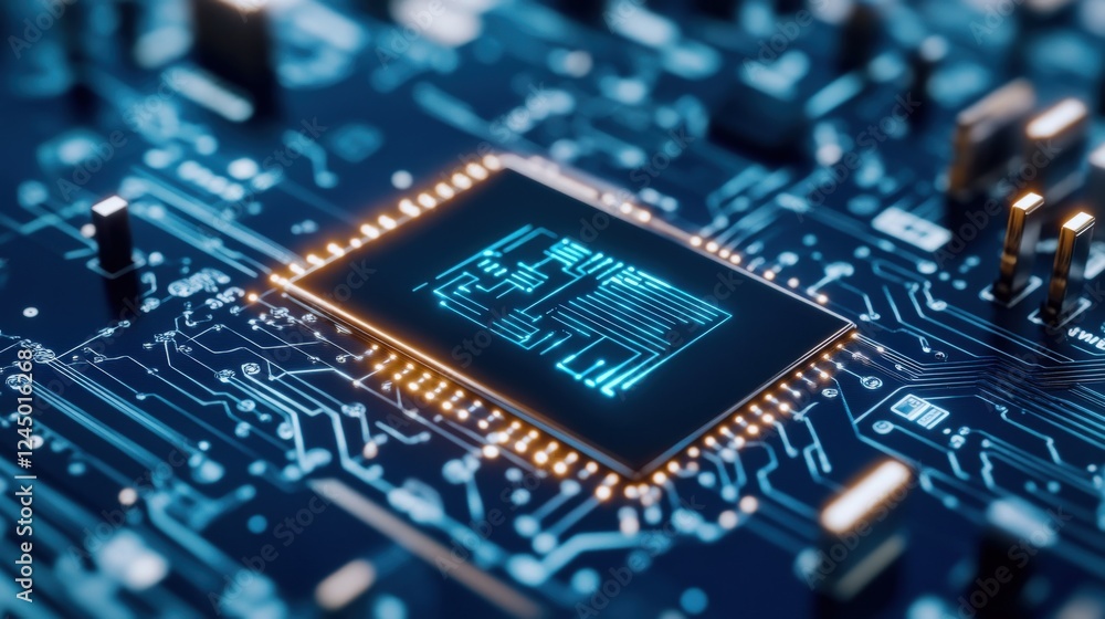Poster close-up of a cpu on a modern circuit board in dark blue tones