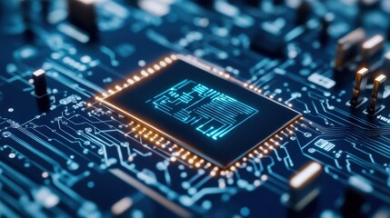 Fototapeta premium Close-Up of a CPU on a Modern Circuit Board in Dark Blue Tones