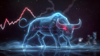 Glowing Bull Symbolizes Market Uptrend with Financial Charts, Reflecting Positive Momentum