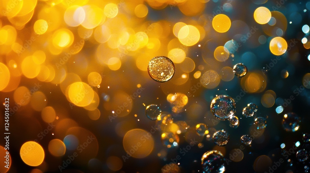 Poster a mesmerizing display of shimmering bubbles and lights, creating an enchanting atmosphere with a ble