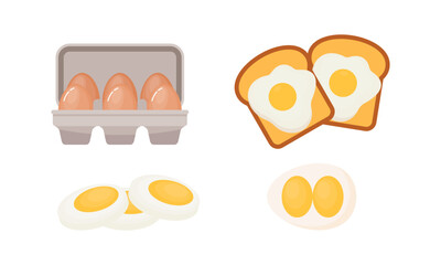 Egg sets in various forms raw, boiled and fried. Organic agricultural products. Ingredients for breakfast