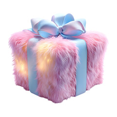 Fluffy 3D Cartoon Gift Box with Glowing Soft Ribbons Isolated on Transparent Background
