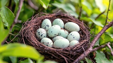 Fototapeta premium Speckled Bird Eggs in a Nest: A Close-Up Look at Nature's Delicate Wonders