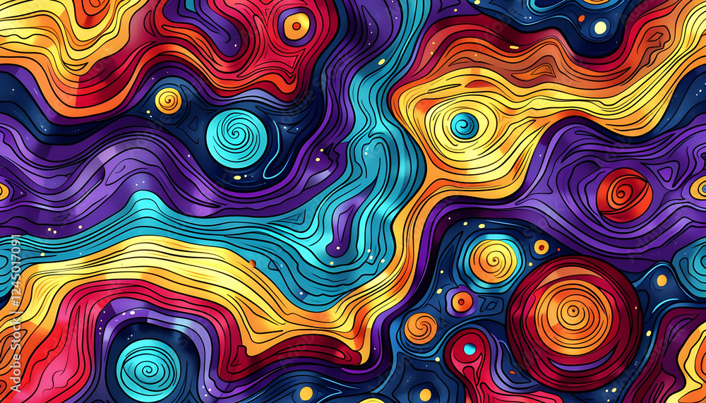Poster vibrant abstract cosmic swirl pattern with colorful waves and planets in a deep space backdrop