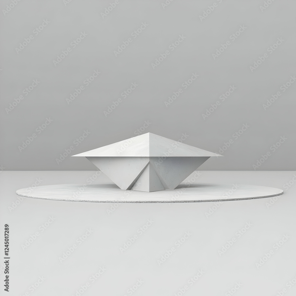 Poster white abstract geometric shape sits on a circular base in a minimalist setting