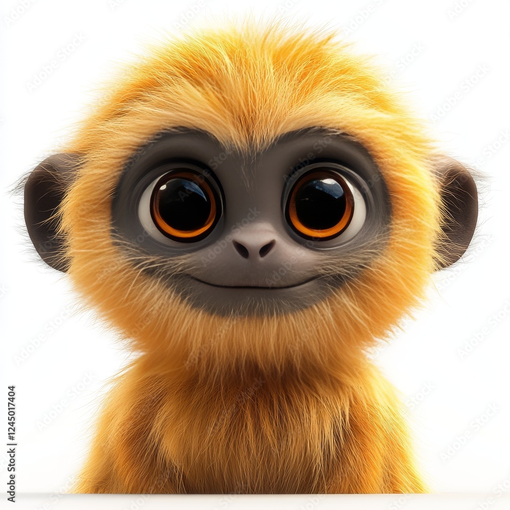 Poster 3d cartoon gibbon character with soft expressions on white background