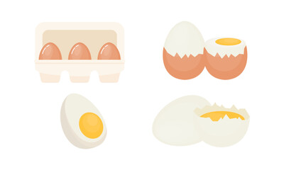 Egg sets in various forms raw, boiled and fried. Organic agricultural products. Ingredients for breakfast