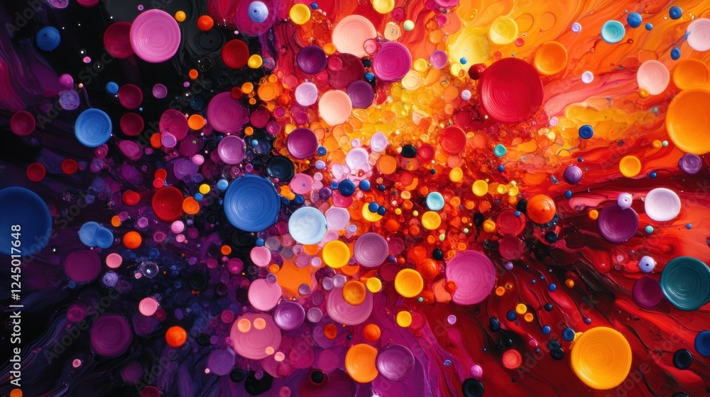 Poster a vibrant abstract composition featuring colorful spheres set against a dynamic background of swirli