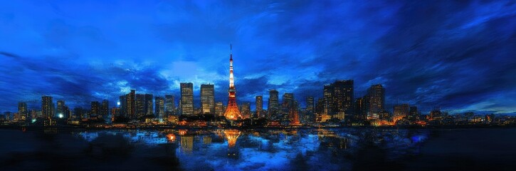 Obraz premium Tokyo Skyline Night View with Tower Reflection