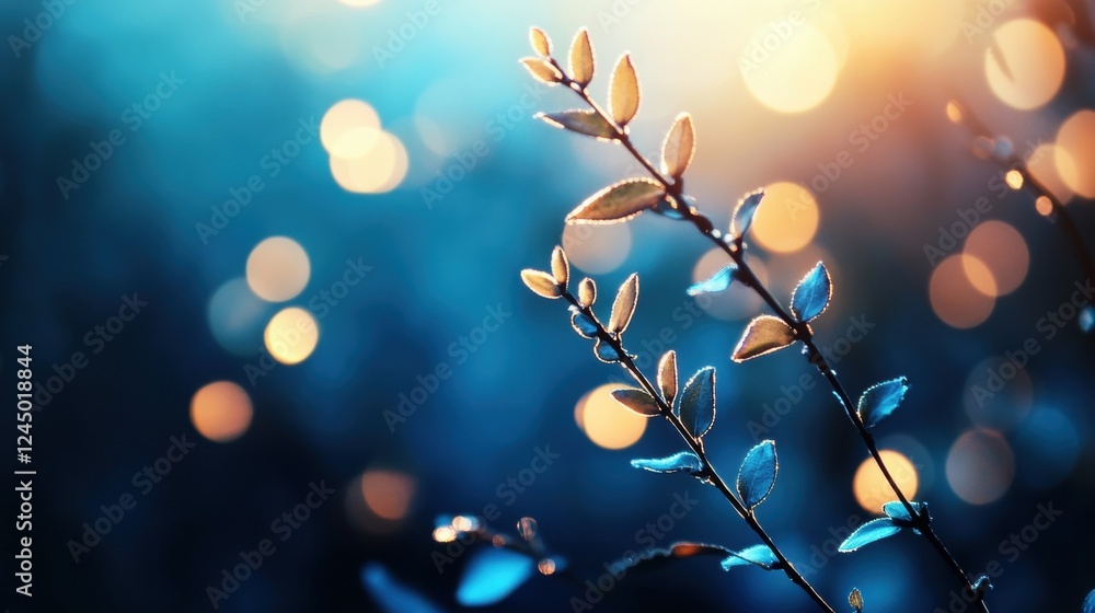 Poster a serene close-up of delicate leaves illuminated by soft, colorful bokeh, creating an enchanting atm