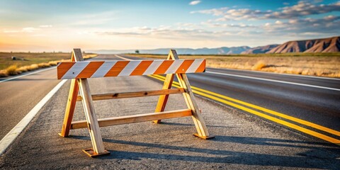 Sawhorse traffic barricade placement in open road setting, traffic sawhorse barricade, road management