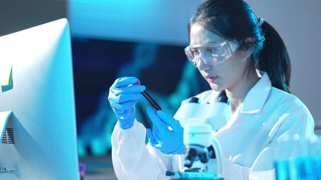 Scientist conducting research with microscope and computer analysis