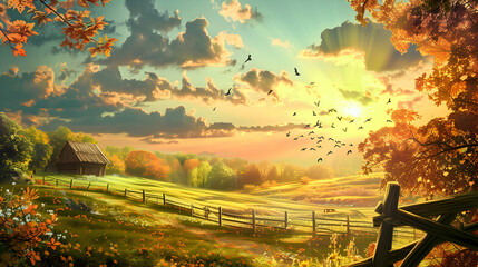 Fototapeta premium Serene autumn landscape with a rustic barn, vibrant foliage, and a colorful sunset backdrop