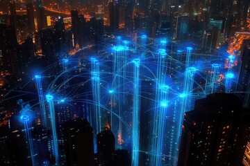 Fototapeta premium Night Cityscape Illuminated With Futuristic Network Connections