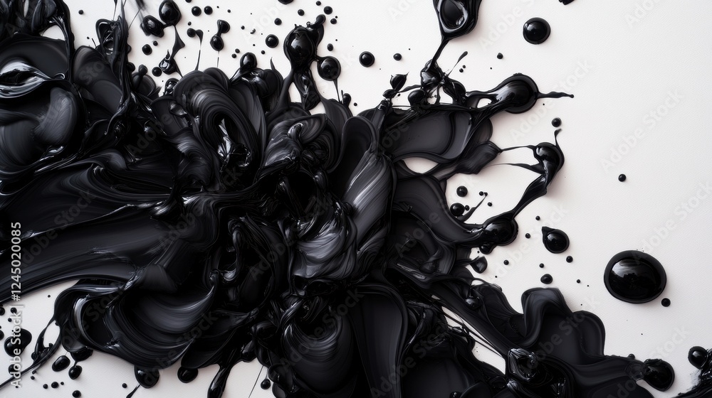 Poster a dynamic splash of black paint on a white background, showcasing fluidity and artistic expression t