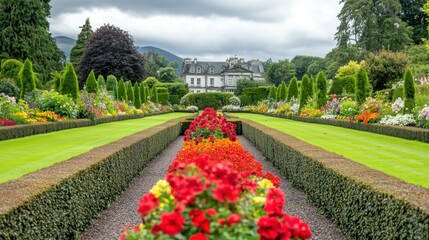 Fototapeta premium Rows of manicured hedges and flower beds creating an elegant French-style garden, with a villa in the background.