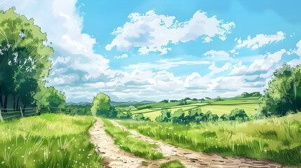 Obraz premium Scenic countryside pathway leading through lush green fields under a bright blue sky