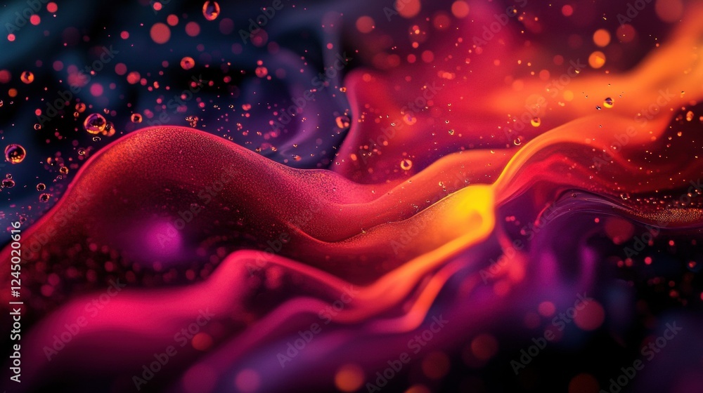 Poster a vibrant, abstract image featuring flowing waves of color, illuminated by glowing particles, creati