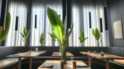 Modern Restaurant Interior Design Showcases Natural Light and Greenery with Minimalist Decor