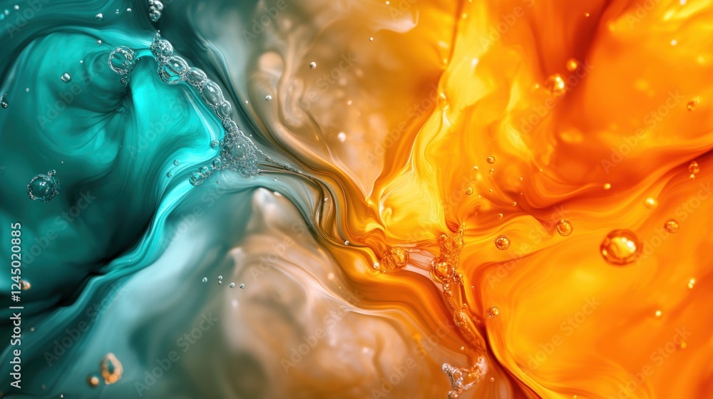 Poster a vibrant swirl of turquoise and orange liquid, creating an abstract pattern with smooth textures an