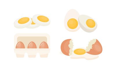 Egg sets in various forms raw, boiled and fried. Organic agricultural products. Ingredients for breakfast
