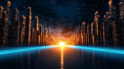 Futuristic Cityscape with Bright Sunrise and Glowing Skyline