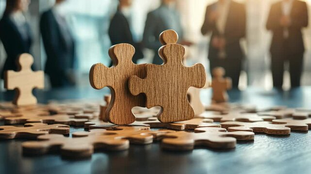 Teamwork concept: wooden puzzle pieces connecting in collaborative office environment