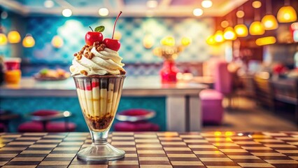 Obraz premium Vintage sundae with a perfect cherry on top, surrounded by colorful ice cream cones and toppings in a retro-style diner or shop background, nostalgic, colorful