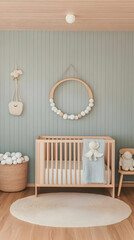 Modern Minimalist Baby Nursery Features Wooden Crib, Neutral Decor, and Soft Textures for a Cozy, Relaxing Ambiance.
