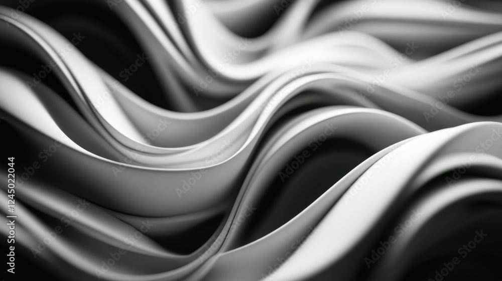 Poster abstract black and white waves create a smooth, flowing pattern, emphasizing texture and depth.
