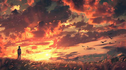A silhouette of a person standing in a field at sunset, with vibrant clouds and flying birds