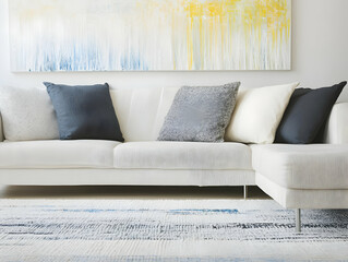 White Sectional Sofa with Decorative Pillows Complements Abstract Wall Art Beautifully.