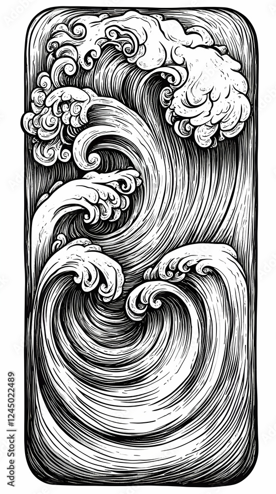 Poster detailed illustration shows powerful ocean waves crashing dynamically in a rectangular frame