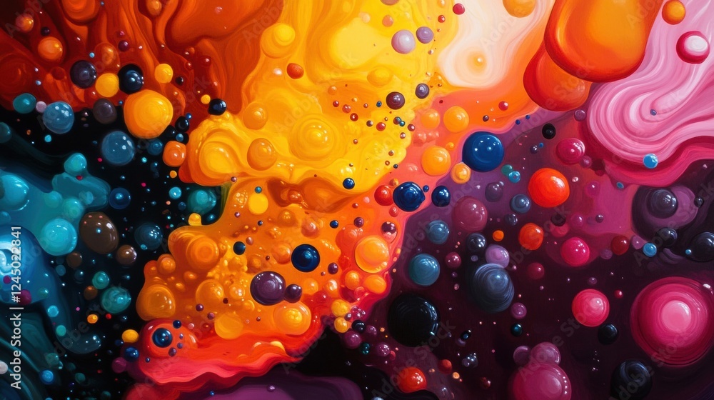 Poster a vibrant abstract composition featuring colorful spheres and fluid shapes, creating a dynamic inter