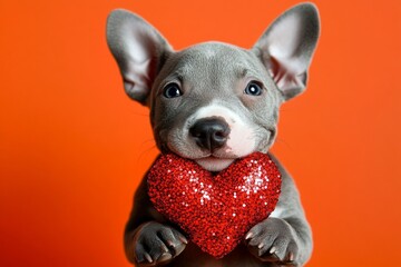 Bull terrier - my desired dog. Marketing idea depiction. Cute bull terrier hound with sparkling rhinestones red heart - emblem of love, funny greeting card. February 14 photos. Dog and roses.