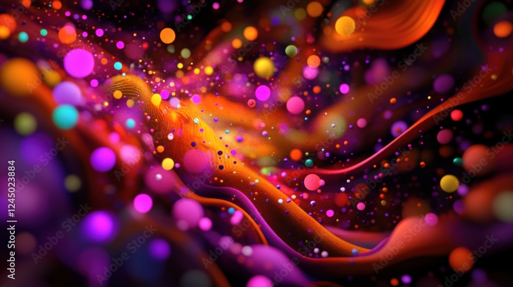 Poster a vibrant, abstract background featuring colorful spheres and flowing lines, creating a dynamic and 