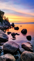 Obraz premium Serene Sunset Illuminates Tranquil Waters and Smooth Rocks on a Peaceful Shore at Dusk