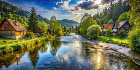 Fototapeta premium river flowing through village, serene river, forest surroundings