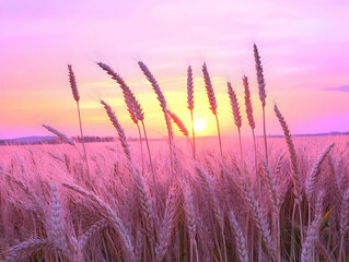 Fototapeta premium Wheat Field Bathed in Pink Sunset Glow Creates a Dreamy Landscape
