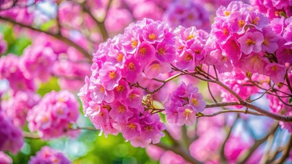 Obraz premium Vibrant pink and purple Tabebuia rosea flowers in full bloom against a soft green foliage background, showcasing their unique shape and delicate texture, flowers, foliage