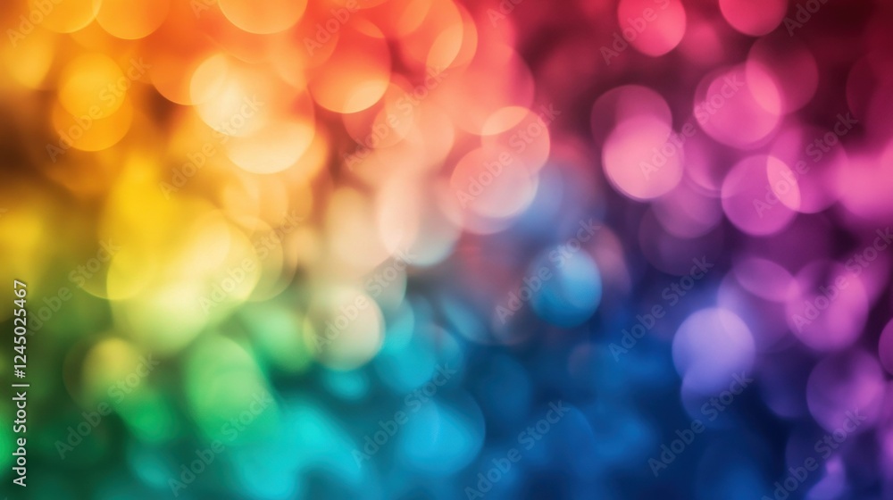 Poster a vibrant, blurred background featuring a spectrum of rainbow colors with a bokeh effect, creating a