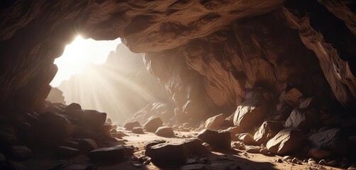 Sunlight enters the cave through a small opening in the rocky ceiling, opening, aperture, cave
